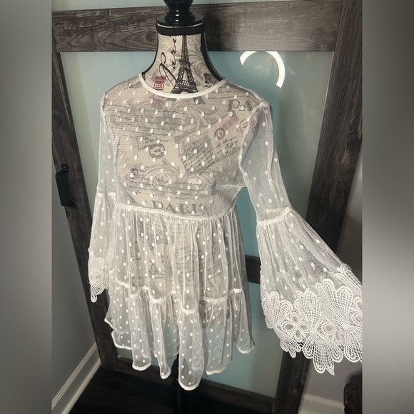 White Mesh Polka Dot Bell Sleeve Babydoll Dress - Picture 1 of 5